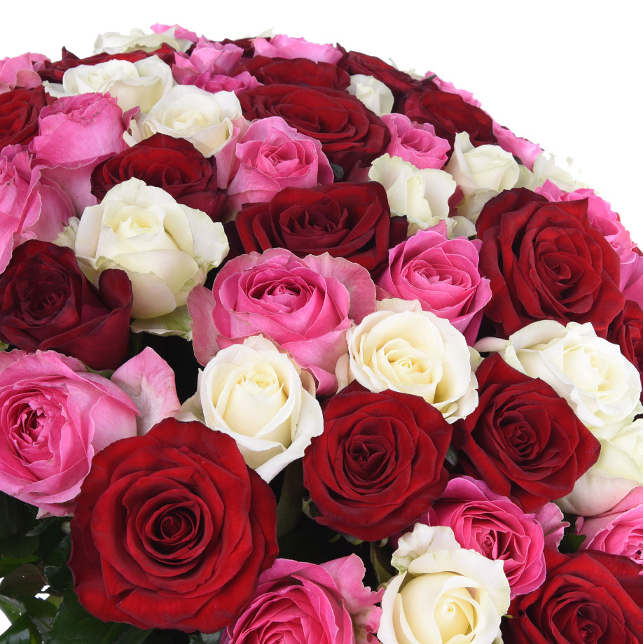 купить цветы Букет из белых, красных и розовых роз